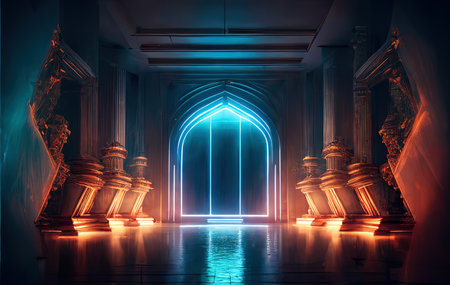 3D rendering. Futuristic corridor with neon lights. 3D illustration.の素材