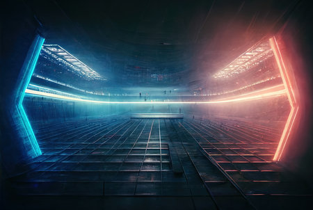 Futuristic interior with glowing neon lights. 3D Renderingの素材