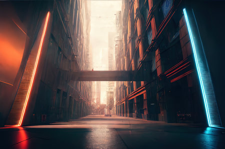 Modern city street at night with neon lights. 3D Renderingの素材