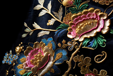 close up of a traditional indian batik cloth on black backgroundの素材