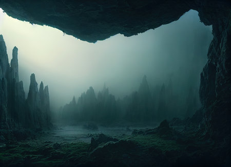 Mysterious dark cave with fog and light. Fantasy landscape.の素材