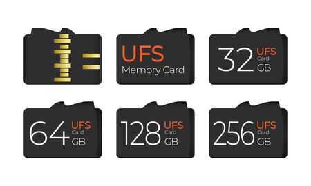 Portable universal flash storage memory card. Set of different capacity, top and bottom view.のイラスト素材