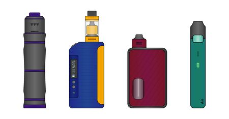 Colorful set of e-cigarettes. Mechanical mod, box mod, squonk mod and pod system. Vector illustration EPS10.のイラスト素材