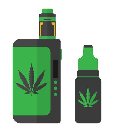 Cannabis vaping illustration. Liquid bottle and box mod with cannabis sign. Vector illustration EPS10.のイラスト素材