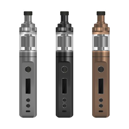 Realistic electronic cigarette concept. Box mod with a tank atomizer. 3 color options. Vector illustration EPS10.のイラスト素材