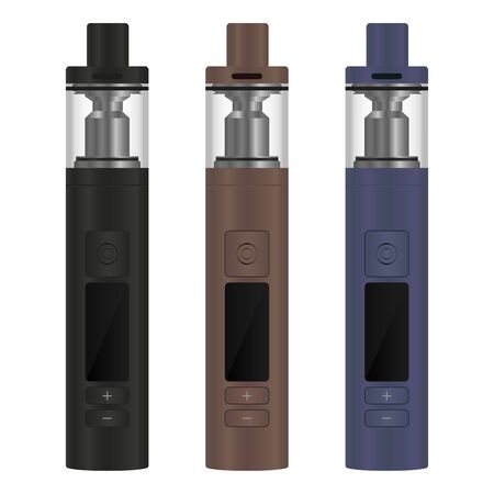 Realistic electronic cigarette concept. Box mod with a tank atomizer. 3 color options. Vector illustration EPS10.のイラスト素材