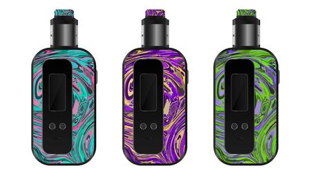 Realistic electronic cigarette concept. Colorful resin box mod and dripping atomizer. 3 color options. Vector illustration EPS10.のイラスト素材