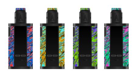 Realistic electronic cigarette concept. Colorful resin box mod and dripping atomizer. 4 color options. Vector illustration EPS10.のイラスト素材