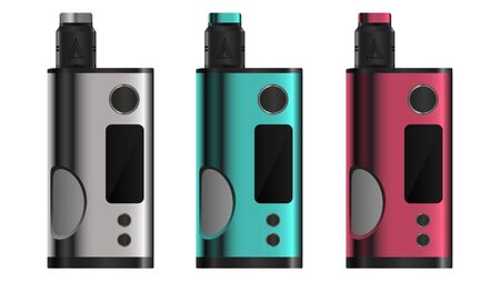 Realistic electronic cigarette concept. Colorful squonk box mod and dripping atomizer. 3 color options. Vector illustration EPS10.のイラスト素材