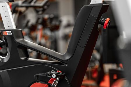 Stationary Spinning bicycles. Spinning class with empty bikes