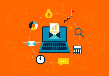 Email marketing, internet advertising concepts. Laptop with envelope and read email on screen. Vector illustration. Flat design. Vectorのイラスト素材