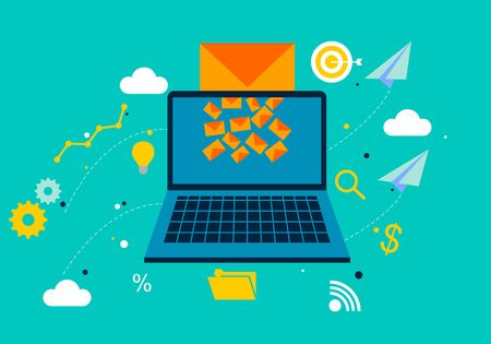 Email marketing, internet advertising concepts. Laptop with envelope and read email on screen. Vector illustration. Flat design. Vectorのイラスト素材