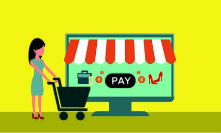 Online shopping or online store concept Landing page template or banner with tiny people and big smartphone. Flat vector illustrationのイラスト素材