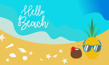 Hello beach, hello summer concept. Vector illustration with the beach and ocean wavesのイラスト素材
