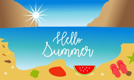 Hello beach, hello summer concept. Vector illustration with the beach and ocean wavesのイラスト素材