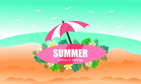 Hello beach, hello summer concept. Vector illustration with the beach and ocean wavesのイラスト素材