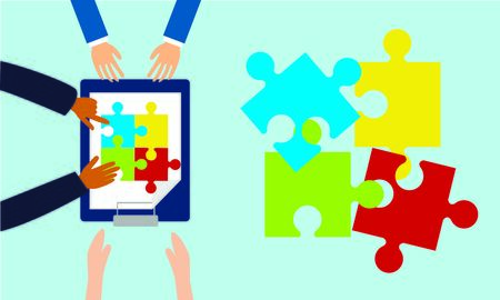 Business team with pieces of puzzle in officeのイラスト素材