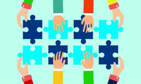 Business team with pieces of puzzle in officeのイラスト素材