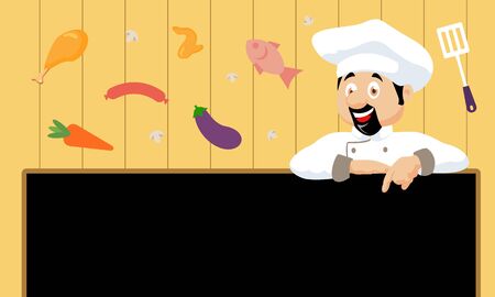 Chef character with a delicious dish and holding a blackboard as blank copy space text area vector illustrationのイラスト素材