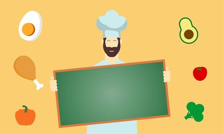 Chef character with a delicious dish and holding a blackboard as blank copy space text area vector illustrationのイラスト素材