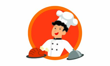 Chef character with a delicious dish and holding a blackboard as blank copy space text area vector illustrationのイラスト素材