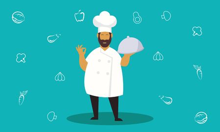 Chef character with a delicious dish and holding a blackboard as blank copy space text area vector illustrationのイラスト素材