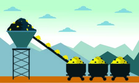 Mining industry flat composition with coal loading by excavator to truck on factory background vector illustrationのイラスト素材