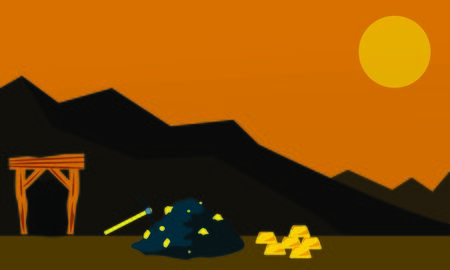 Mining industry flat composition with coal loading by excavator to truck on factory background vector illustrationのイラスト素材