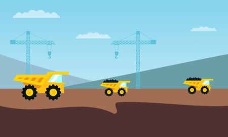 Mining industry flat composition with coal loading by excavator to truck on factory background vector illustrationのイラスト素材