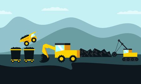 Mining industry flat composition with coal loading by excavator to truck on factory background vector illustrationのイラスト素材