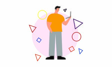 People character surrounded with gadgets flat design concept illustrationのイラスト素材