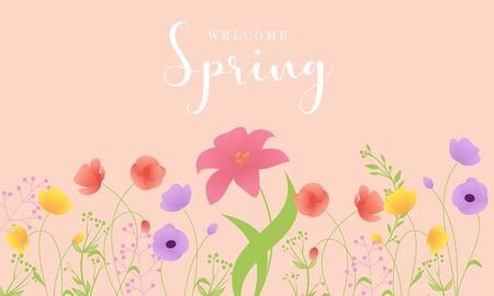 Hello spring text vector banner greetings design with colorful flower elements like daisy and sunflower in green floral background for spring season. Vector illustration.のイラスト素材