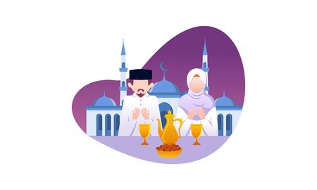 Delicious menu for iftar party are on the table with teapot illustrationのイラスト素材