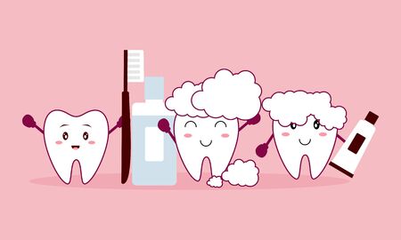Dental mascot, tooth mascot care concept clean and dirty tooth vector illustrationのイラスト素材