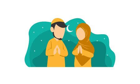 Happy eid mubarak, ramadan mubarak greeting concept with people character illustrationのイラスト素材