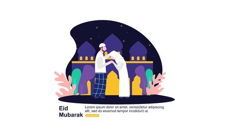 Happy eid mubarak, ramadan mubarak greeting concept with people character illustrationのイラスト素材