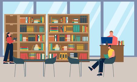 Library books and people reading in bookshop vector flat designのイラスト素材