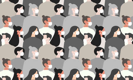 Pattern of Coronavirus Pandemia. Novel coronavirus 2019-nCoV, crowd of people wearing white medical face masksのイラスト素材