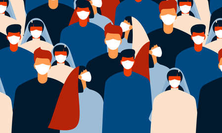 Pattern of Coronavirus Pandemia. Novel coronavirus 2019-nCoV, crowd of people wearing white medical face masksのイラスト素材