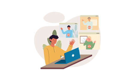Business people having video conference with colleagues while staying at home illustration