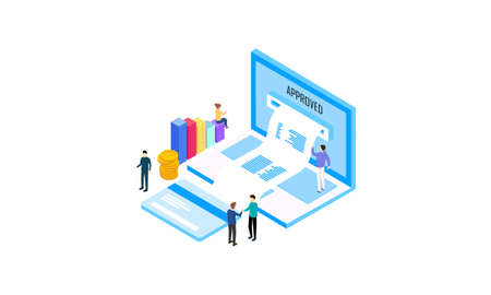 Isometric receipt of statistics data, notification on financial transaction, mobile bank, a smartphone with a paper bill. Application, business.のイラスト素材