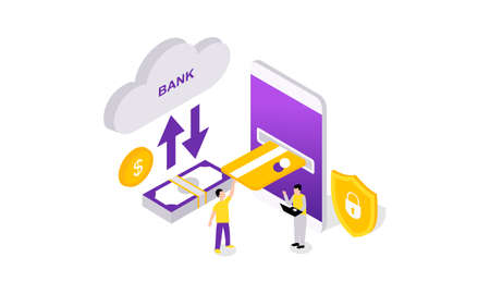 Isometric receipt of statistics data, notification on financial transaction, mobile bank, a smartphone with a paper bill. Application, business.のイラスト素材