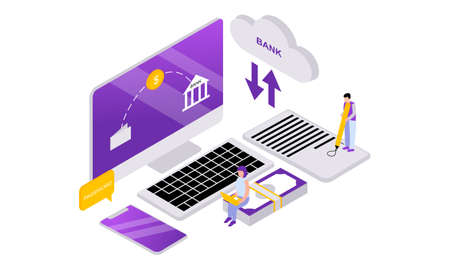 Isometric receipt of statistics data, notification on financial transaction, mobile bank, a smartphone with a paper bill. Application, business.のイラスト素材