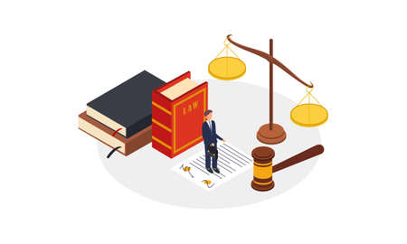 Law justice isometric composition with small people characters books of law gavel and golden weight...