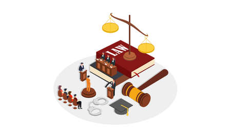 Law justice isometric composition with small people characters books of law gavel and golden weight vector illustrationのイラスト素材