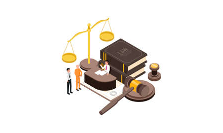 Law justice isometric composition with small people characters books of law gavel and golden weight...