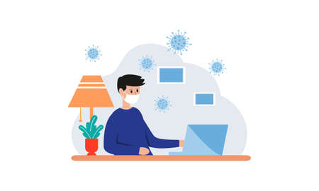 Flat illustration of character working on computer at home for prevention from corona virusのイラスト素材
