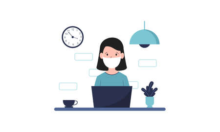 Flat illustration of character working on computer at home for prevention from corona virusのイラスト素材