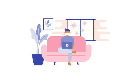 Flat illustration of character working on computer at home for prevention from corona virusのイラスト素材