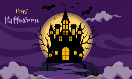 Halloween background, Witch, Haunted House, Pumpkins and Bats.のイラスト素材